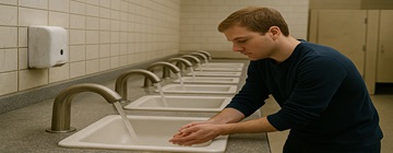 Touchless faucet installed in a high traffic public restroom